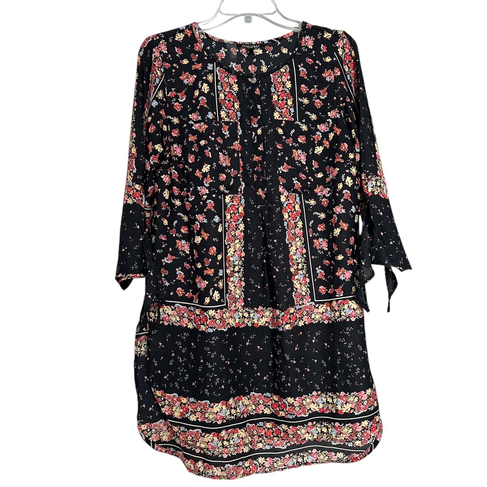 Roz & Ali Black Floral Tie‎ Sleeve Tiered Womens Tunic Top Blouse M Whimsigoth